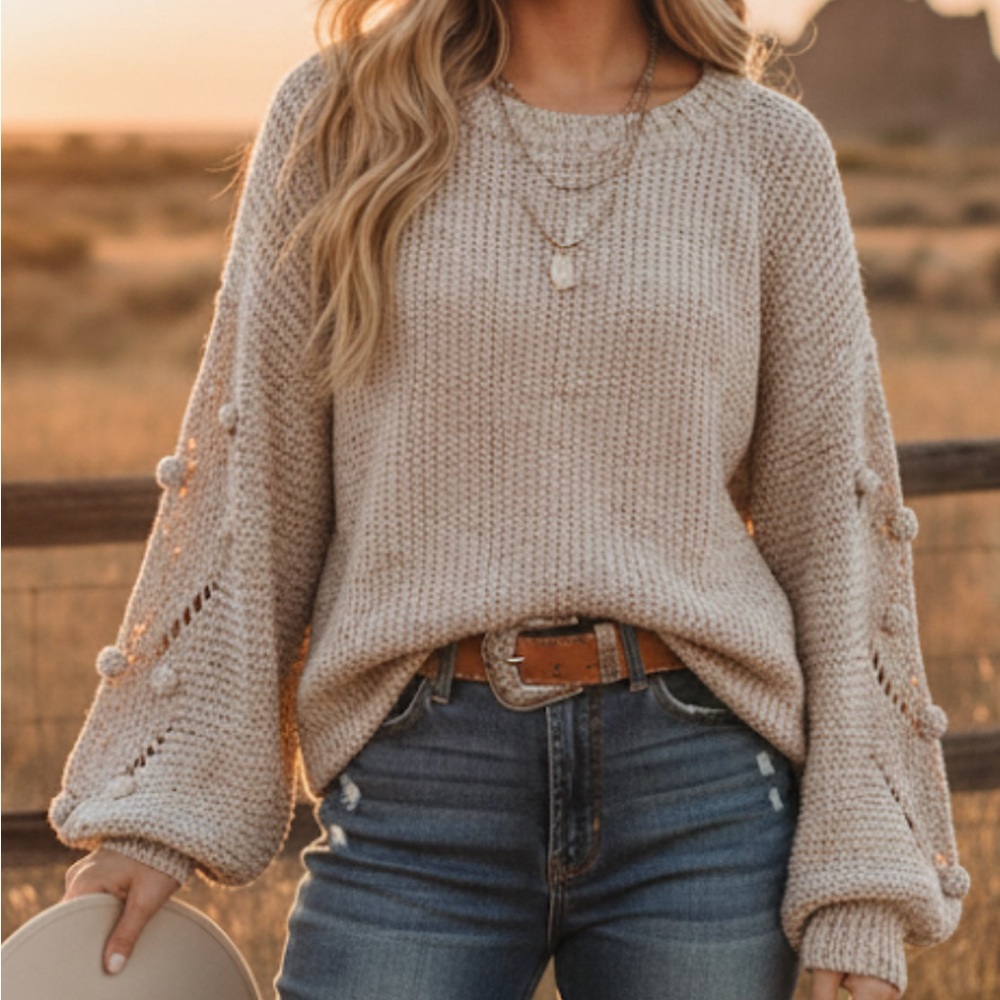 Shyanne Women's Cream Tan Knit Pom Pom Sweater Large Relaxed Fit Western Boho